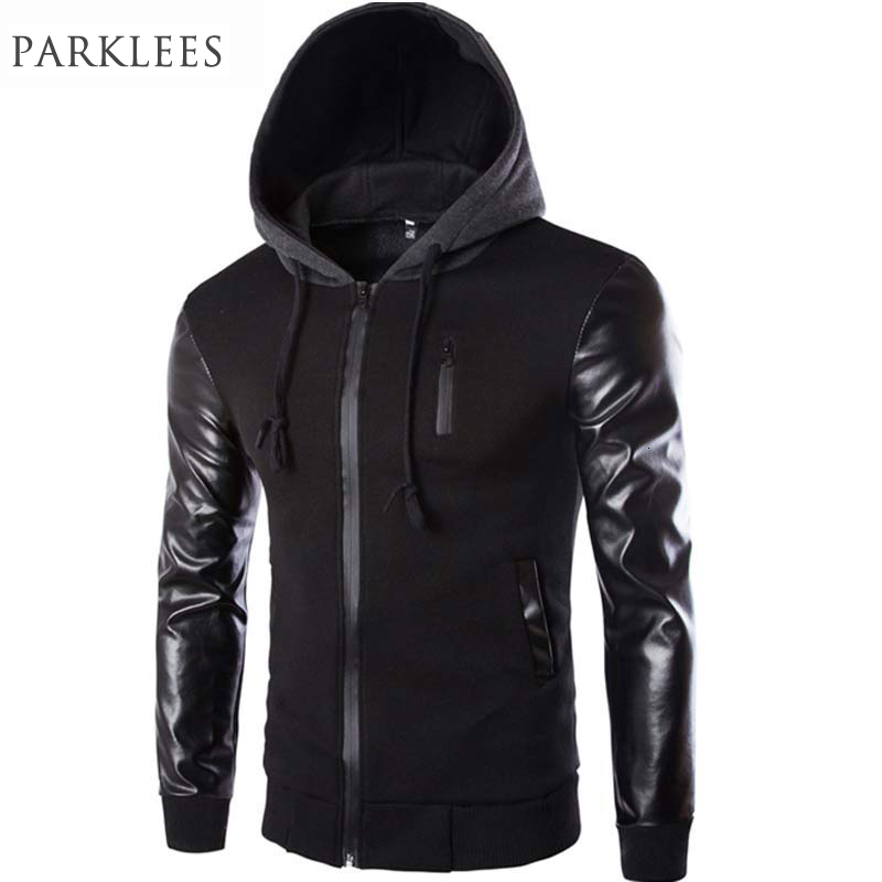 Cool Hooded Jacket Men 2017 Spring Fashion Pu Leather Sleeve Splice Bomber Jacket Casual Windbreaker Blouson Veste Sweat HommeMX191012