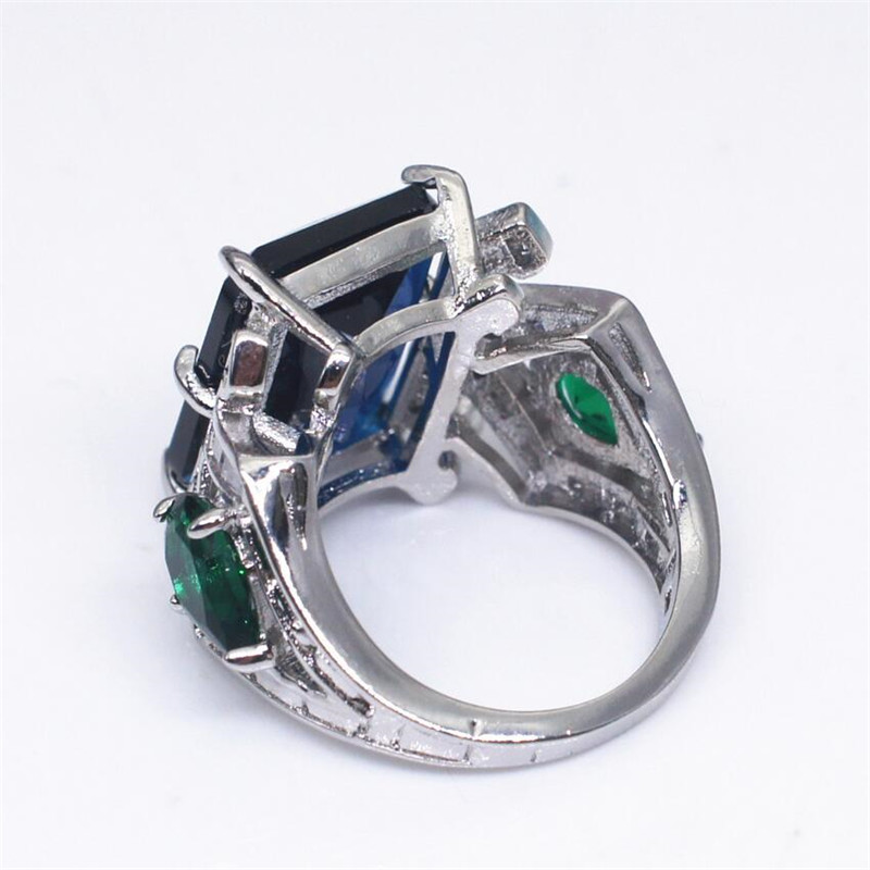 Vintage Fashion Jewelry 925 Sterling Silver Cushion Shape Blue Sapphire CZ Diamond Gemstones Water Drop Emerald Women Wedding Band Ring Gift