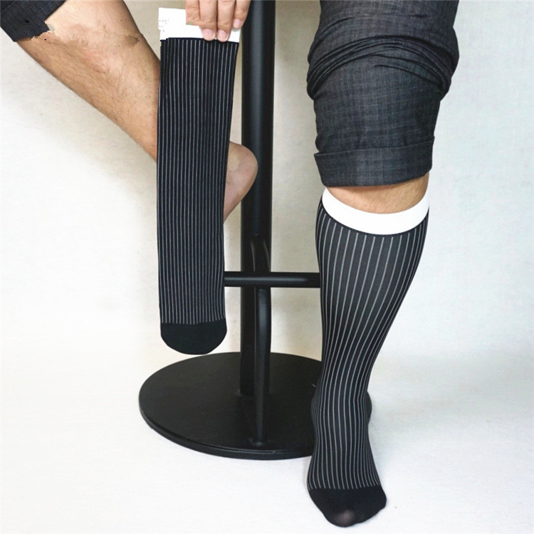 Men Single Packing Business Socks Vintage Soft Mesh Nylon Silk Socks Formal Dress Suit Long Striped Sheer Light Weight Socks