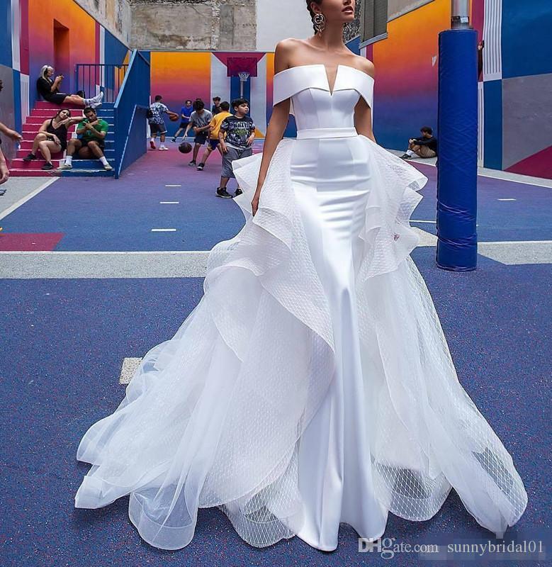berta mermaid wedding dresses detachable train off shoulder cap sleeve pleats open back beach wedding dress bridal gowns custom