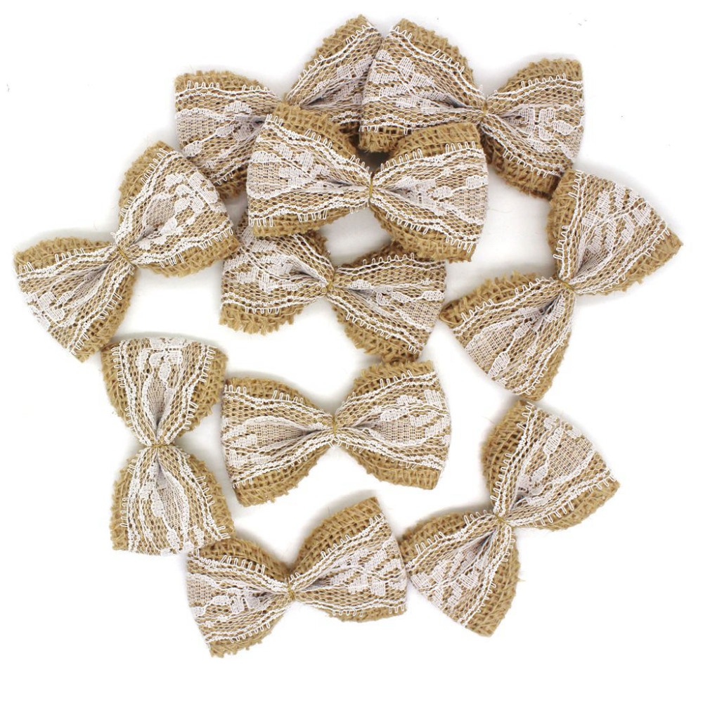 10pcs Vintage Natural Jute Burlap hessian bows lace ribbon Wedding Decoration rustic mariage jute burlap ribbon bow knot