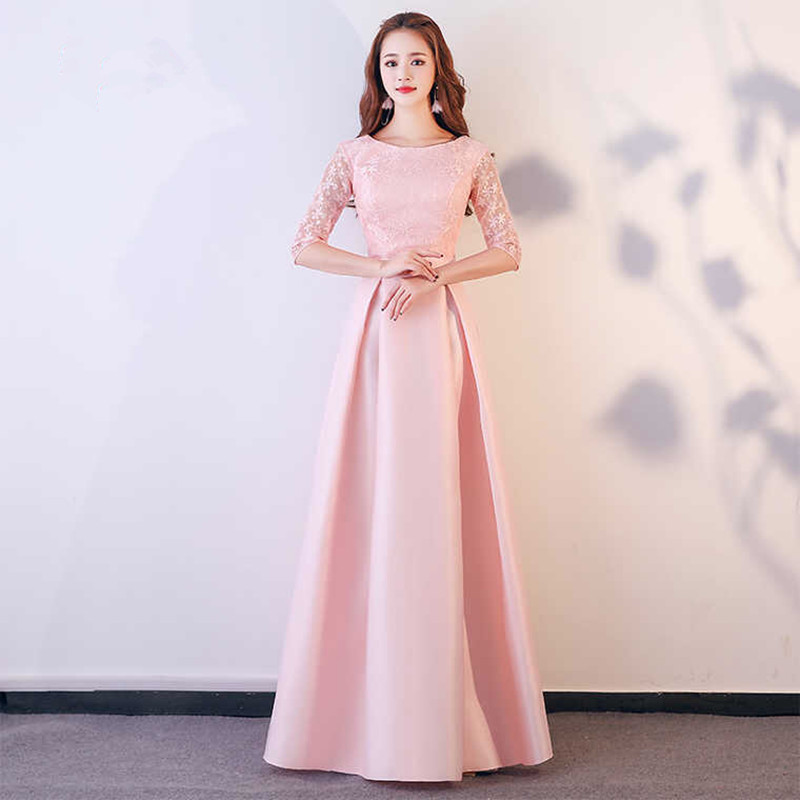 Pink Satin Long Bridesmaid Dress with Lace 2020 Floor Length Wedding Party Dresses Lace Up Bridesmaid Gowns