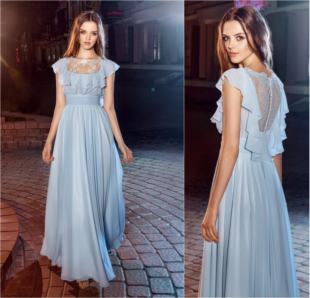 2020 Papilio Evening Dresses Chiffon Jewel Neck Floor Length A Line Prom Dress Light Blue Cocktail Gowns Party Wear