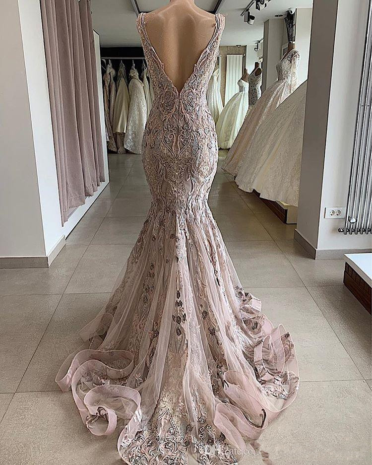 latest lace beaded mermaid dresses deep v neck appliqued backless pageant prom gowns formal party wear