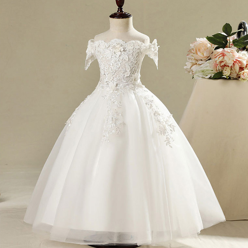 Dentelle fleur fille décoration décoration robe longue 2019 nouvelle fille robe de ballon pageant mariage de mariage robe robe ballon beauté épau
