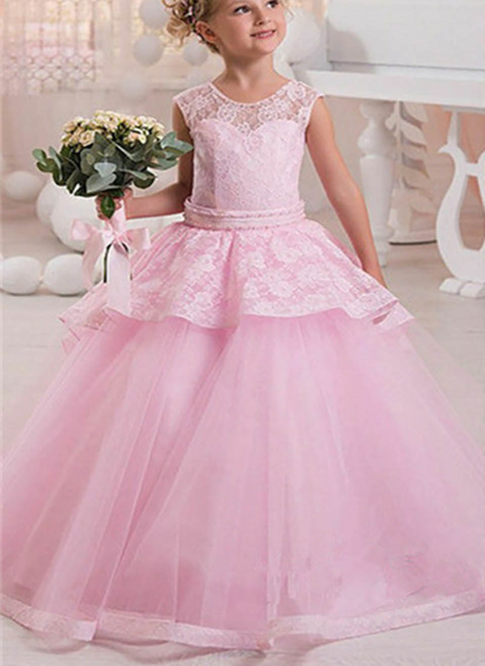 fashion Pink Lace applique Flower Girl Dresses sleeveless floor Length Girls Pageant First Communion Wedding Party Dress