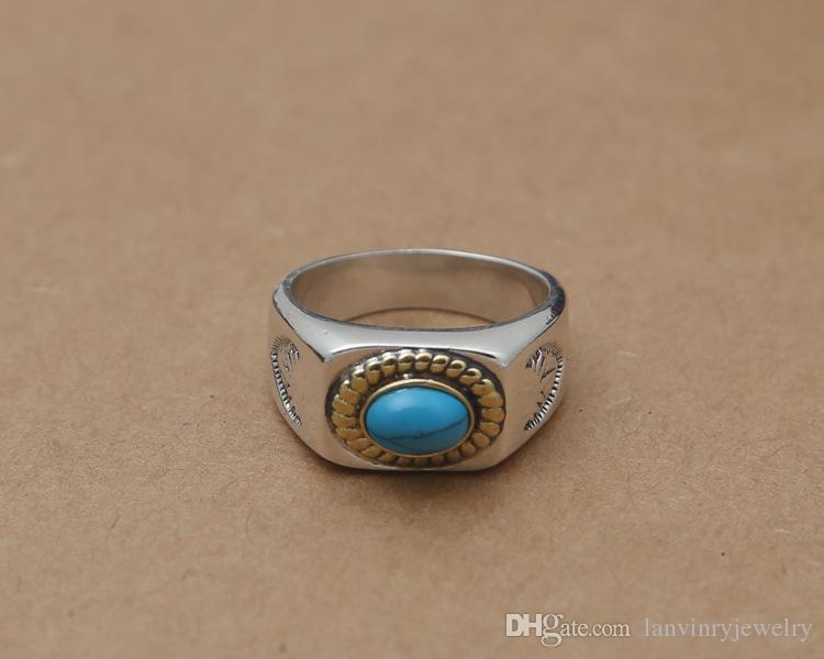 Brand New 925 sterling silver fashion jewelry vintage American European style designer mens rings with semi precious turq stone gift