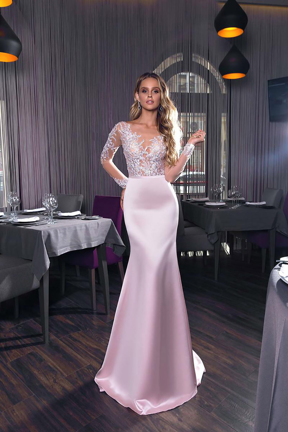 NEW Prom Dresses Illusion Jewel Long Sleeve Backless Lace Satin Evening Gowns Sweep Train Mermaid Special Occasion Dress