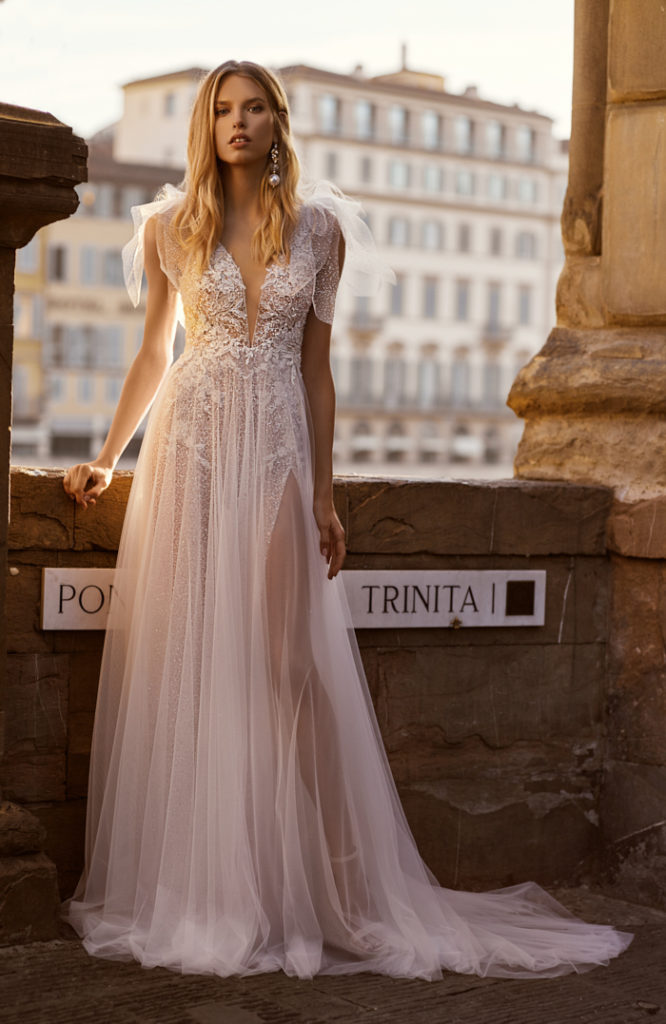 2020 Berta Wedding Dresses Deep V Neck Illusion Appliqued Lace Bead Split Bridal Gowns Custom Made Sexy Bohemia Wedding Dress