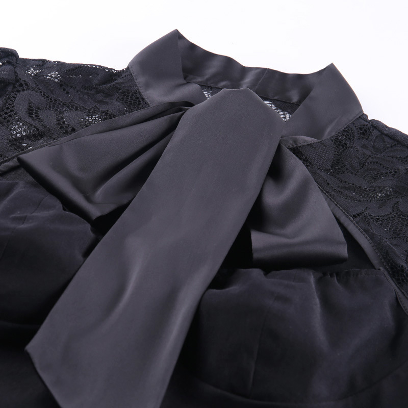 Women's Blouses & Shirts Women Lace Shirt Long Sleeve Bandage Up Perspective Deep V Neck Black Blouse Top Elegant Casual Ladies Korean Blusa