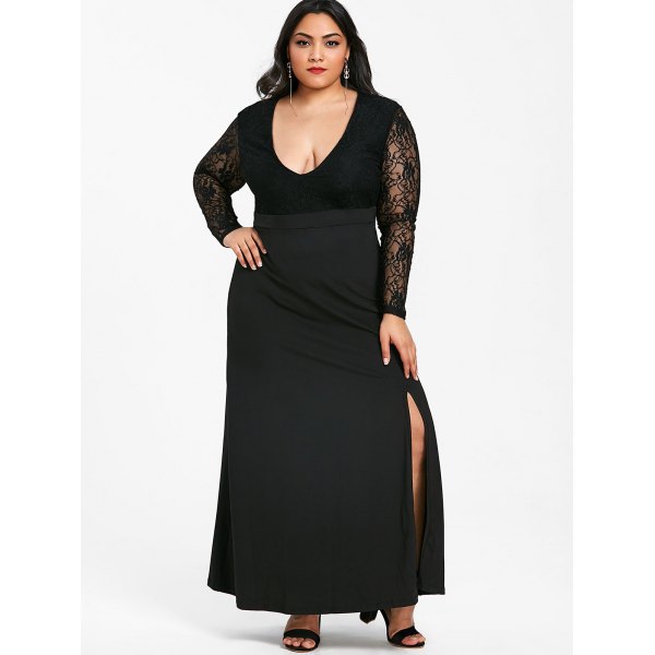Plus Cheap Lace Size Long Sleeves Prom Dresses A Line Deep V Neck Evening Gown Ankle Length Chiffon Side Split Formal Dress nkle