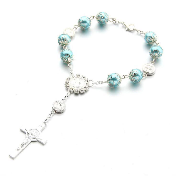 Cross pendant beaded bracelet Jesu Christianism baby shower supplies religion wedding gifts rosary bracelet charm bracelet Religious jewelry