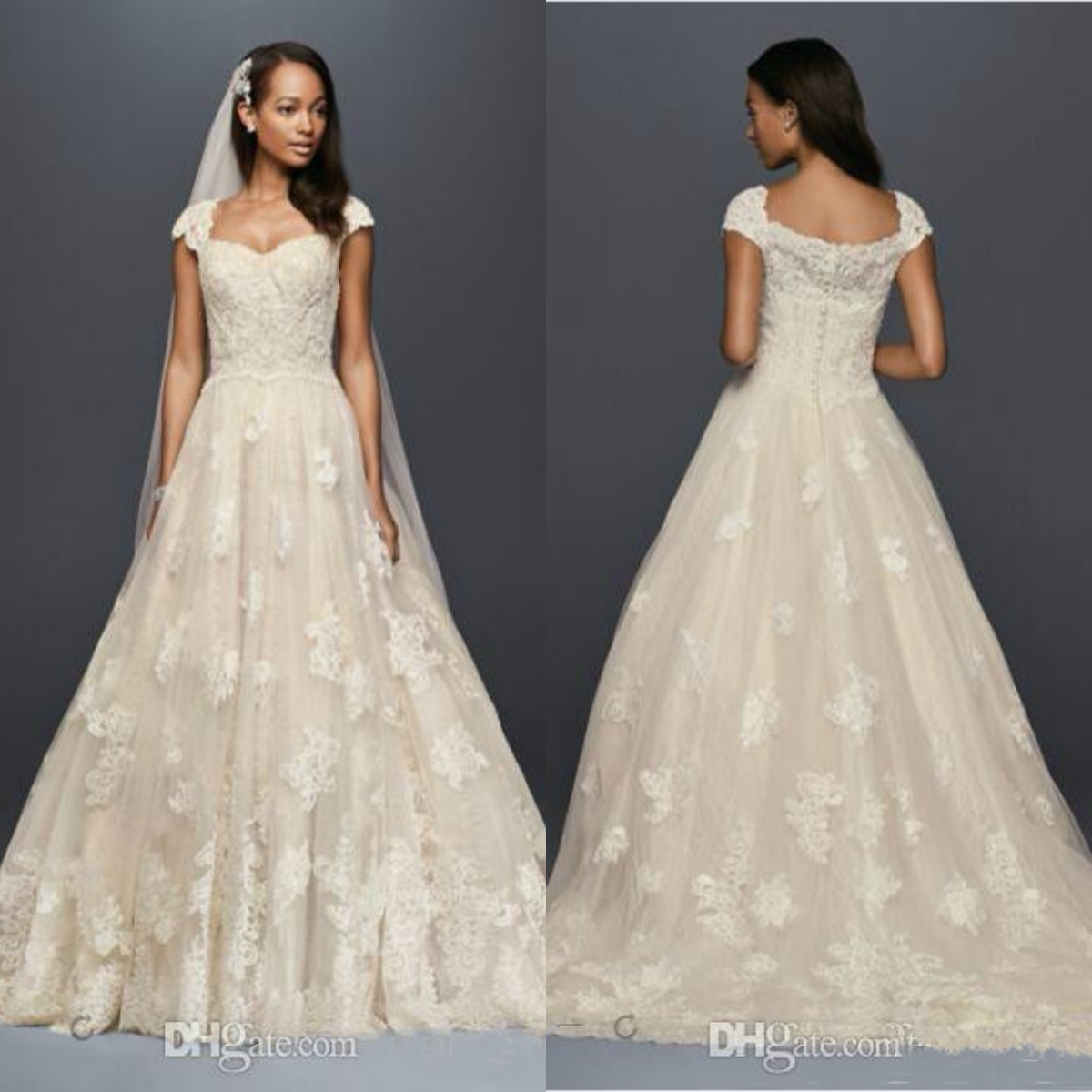 Oleg Cassini Vintage Cap Sleeve Wedding Dresses Modest Lace Applique Plus Size Country Sweep Train Bridal Dress