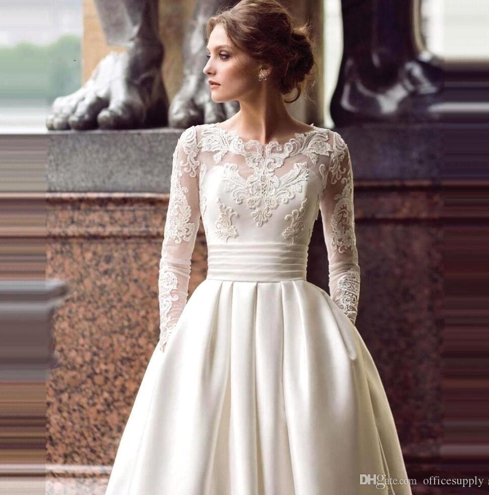 Classical Long Sleeve Vintage Wedding Dresses with Pockets Satin Appliqued A Line Bridal Gowns Turkey Sweep Train Cheap Robe de soriee, Black
Classical Long Sleeve Vintage Wedding Dresses with Pockets Satin Appliqued A Line Bridal Gowns Turkey Sweep Train Cheap Robe de soriee, Black