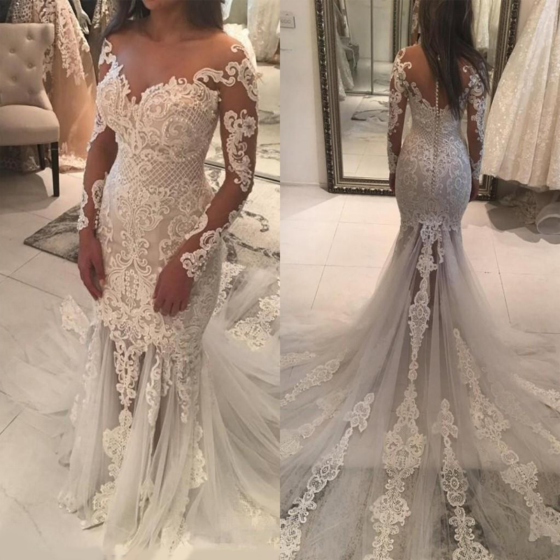2020 Plus Size Mermaid Wedding Dresses Sheer Neckline Lace Appliques Beaded Illusion Long Sleeve See Through Tulle Long Train Bridal Gowns