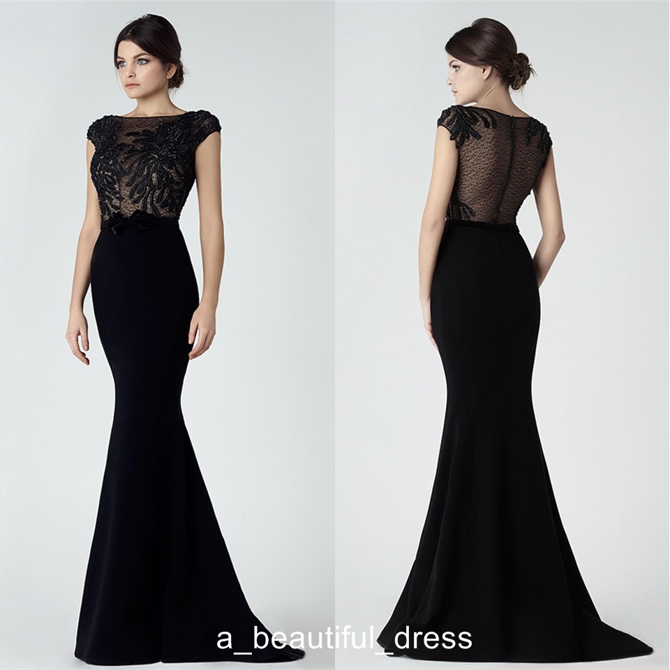 Black Lace Dresses Evening Wear Mermaid Bateau Neck Transparent Back Beaded Evening Gowns Floor Length Appliqued Formal Dress ED1309