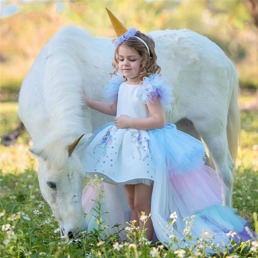 Christmas Fluffy Flower Girl Princess Unicorn Dress Gorgeous Backless Long Tail Wedding Dress Kids pageant Halloween Unicorn Cosplay Costume