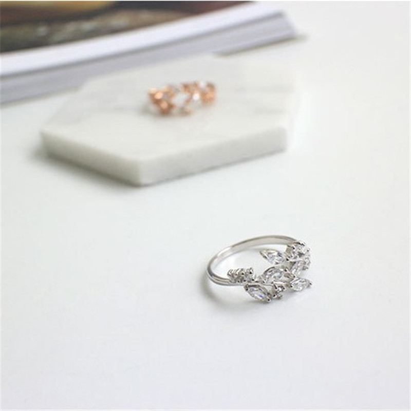 100% 925 Sterling Silver Clear Zircon Leaf Rings For Women Sterling Silver 925 Jewelry Simple Adjustable Statement Ring