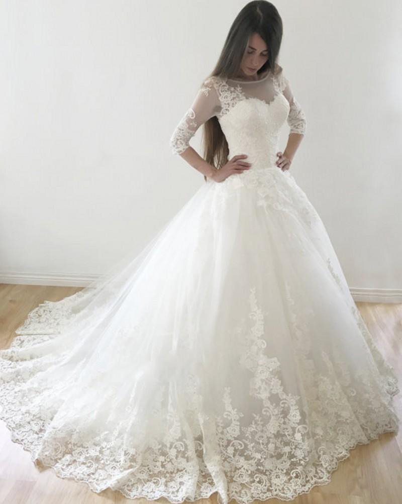 Custom Half Long Sleeves Lace Ball Gown Wedding Dresses 2020 with Appliques Jewel Neck Court Train Tulle Wedding Bridal Gowns, Black
Custom Half Long Sleeves Lace Ball Gown Wedding Dresses 2020 with Appliques Jewel Neck Court Train Tulle Wedding Bridal Gowns, Black