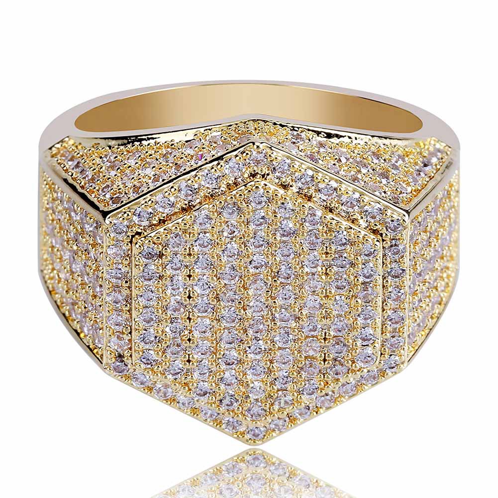 Hip Hop Casting Geometric Hexagon Rings Shining 18k Real Gold Plated Cubic Zircon Diamond Finger Ring Jewelry