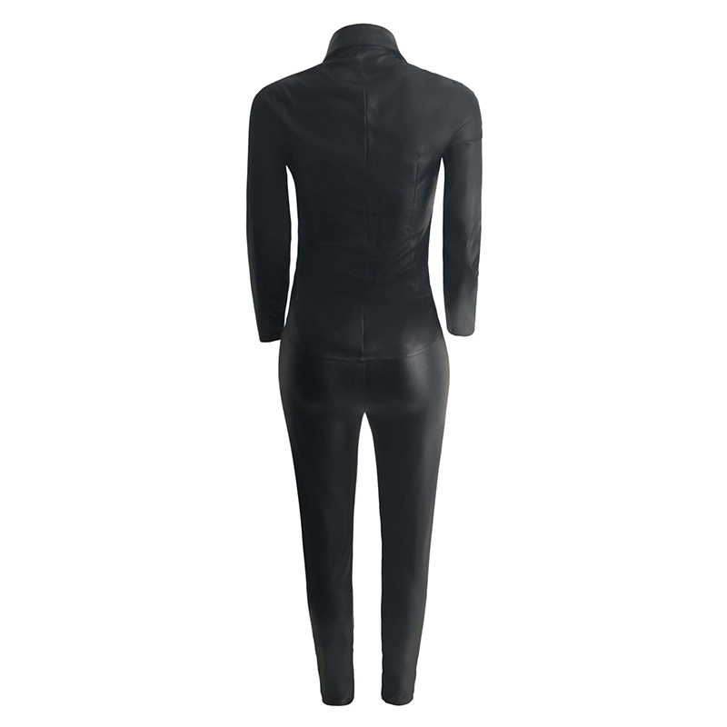Fashion Women Bodycon PU Leather Tops and Pants Long Sleeves Turn-down Collar Button Two Piece Set 2 Piece Outfits StreetwearMX190929
