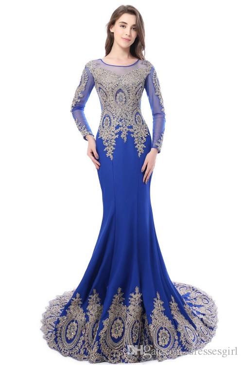 Babyonlinedress Luxury Beads Gold Lace Mermaid Evening Dresses Long Sexy Illusion Back Long Sleeve Prom Party Gowns Charming Evening Gowns