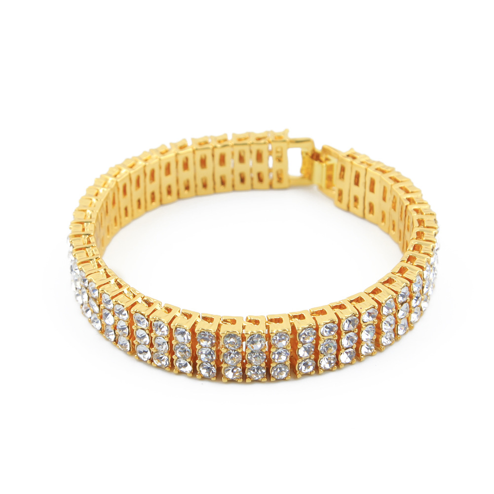 12mm 8" personalized Hip Hop Mens Bling Gold 3 Rows Tennis Chain Bracelet Iced Out Full Diamond Rapper Jewelry Gifts for Guys for Sale