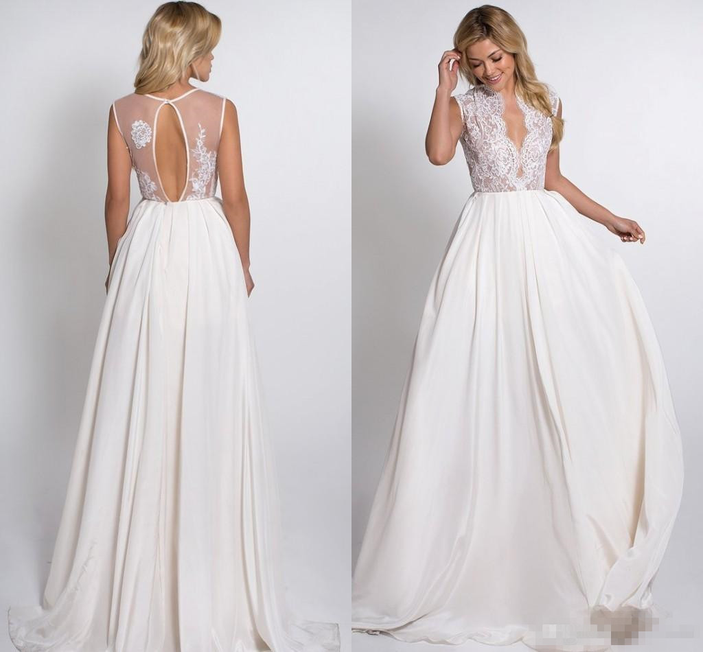 Plunging V Neck Ivory Boho A Line Wedding Dresses Chiffon Lace Applique Hollow Back Sweep Train Beach Bridal Gowns Plus Size