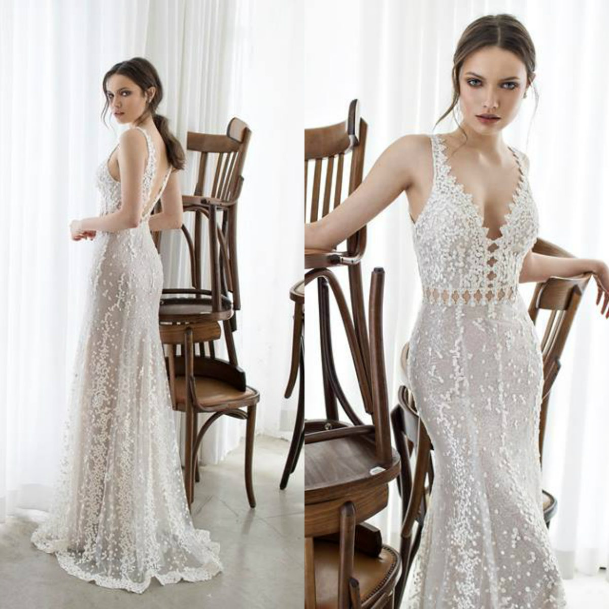 Asaf Dadush Mermaid Wedding Dresses V Neck Illusion Bodice Lace Applique Plus Size Beach Wedding Dress Backless Sexy Bridal Gowns Customize