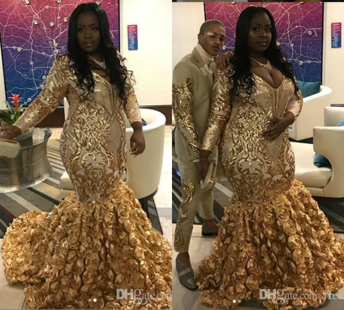 2019 Gold Mermaid Prom Dresses V Neck Lace Appliqued Sequins Long Sleeve Evening Gowns Custom Made Plus Size Girls Quinceanera Dresses