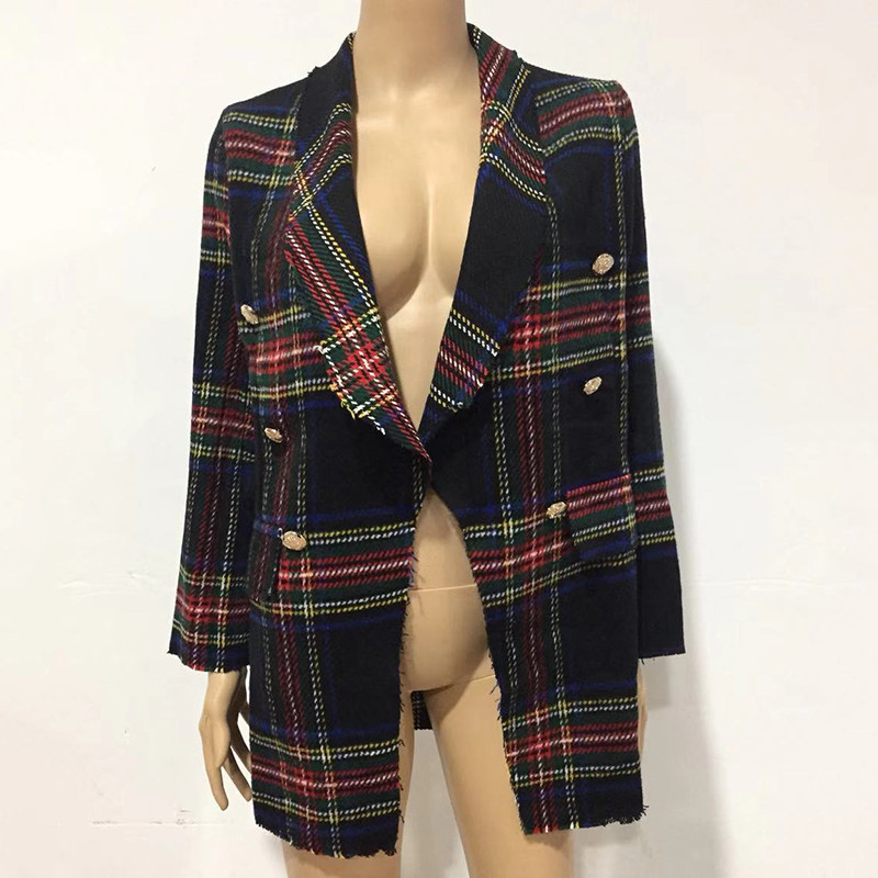 Wholesale-Vintage Double Breasted Coats Frayed Checked Tweed Blazers Coat Women Pockets Blazer Plaid Ladies Outerwear Casual Casaco Femme