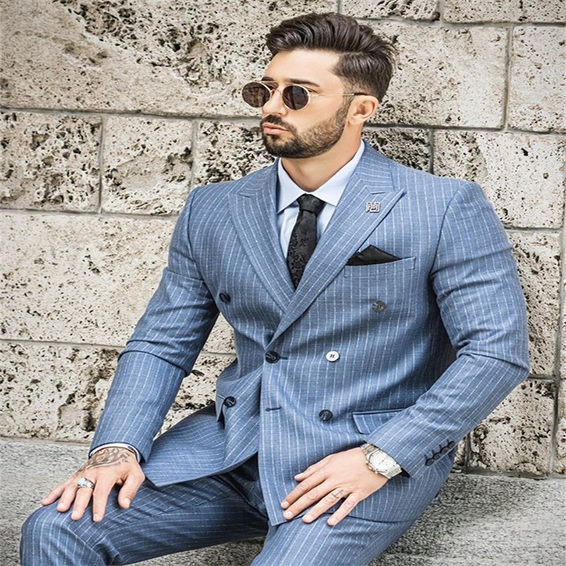 twopiece blue handsome bridegroom blazer notched lapel double breasted gentlemen formal men suits stripe custom made wedding tuxedo