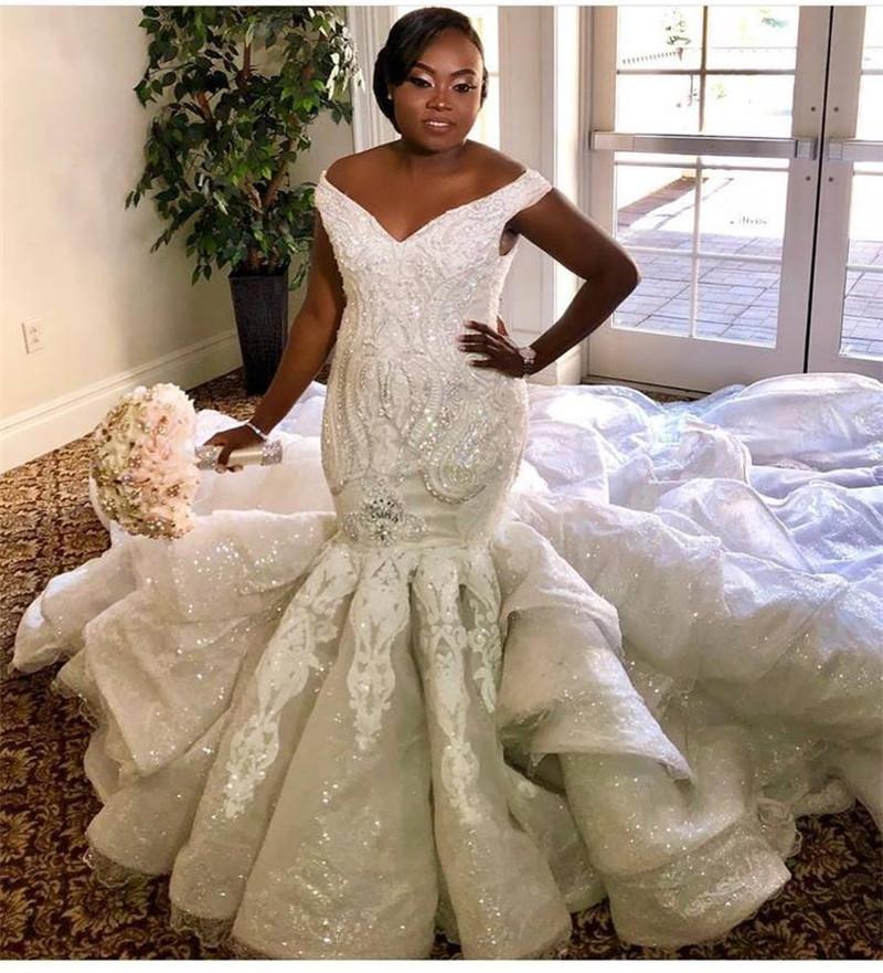 Plus Size Wedding Dresses Off The Shoulder Lace Applique Sequins Mermaid Wedding Dress Court Train Country Bridal Gowns Vestidos De Novia