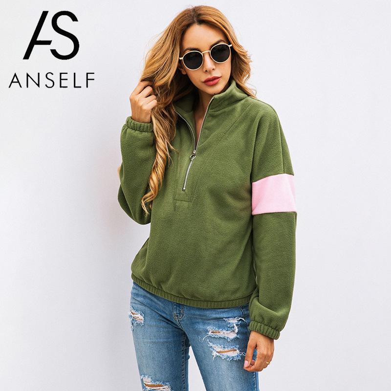 Korean Fashion Hoodies Tops Women Splicing Sweatshirt Turn-Down Collar Long Sleeve Zipper Casual Pullover Female Autumn tunics, Army green