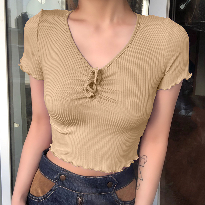 Sexy V Neck Women Short Sleeve Summer T Shirt Front Bow Bandage Ruched Crop Tops 2020 Streetwear Navel Bare Cropped Top Tshirt, Khaki
Sexy V Neck Women Short Sleeve Summer T Shirt Front Bow Bandage Ruched Crop Tops 2020 Streetwear Navel Bare Cropped Top Tshirt, Khaki
