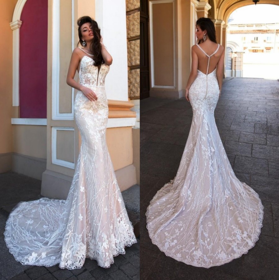 Lace Stunning Mermaid Backless Wedding Dresses Sheer Plunging Neck Sleeveless Bridal Gowns Sweep Train Tulle Trumpet Robe De Marie