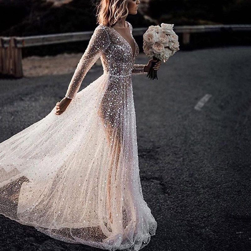 Shiny Sequined Lace Wedding Dress 2020 New Simple Sheer V-Neck Illusion vestido de noiv Custom Made bride dress Beach Wedding Dresses, Silver
Shiny Sequined Lace Wedding Dress 2020 New Simple Sheer V-Neck Illusion vestido de noiv Custom Made bride dress Beach Wedding Dresses, Silver