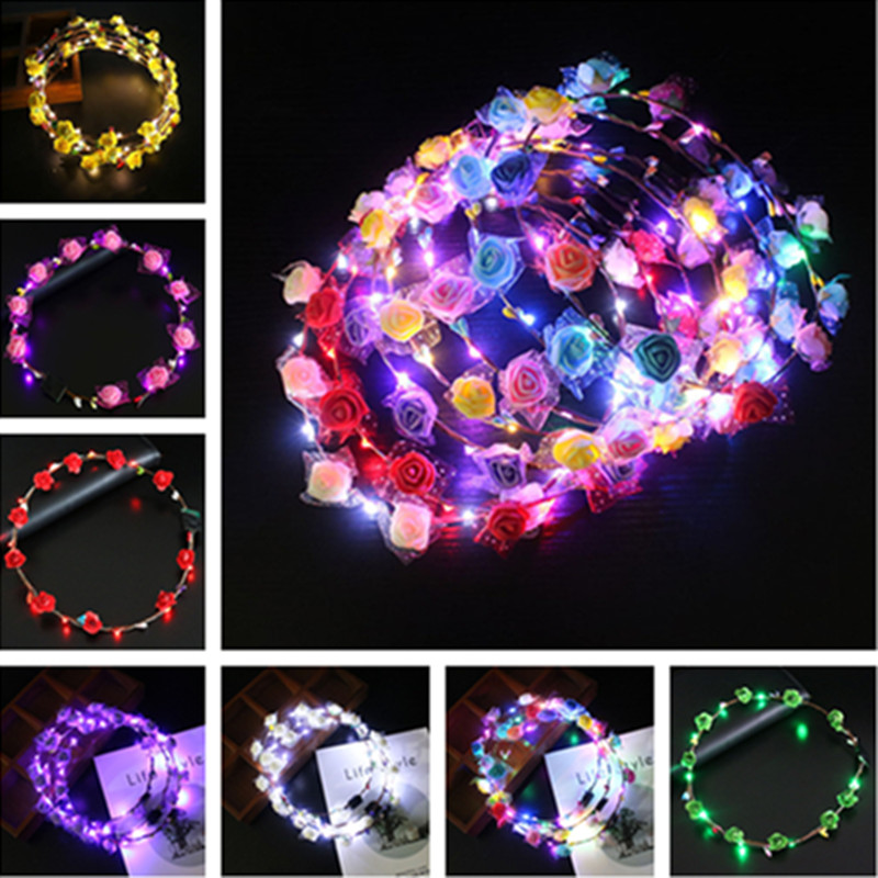 

LED Light Up Flower Crown Flashing Garlands Head Band Clasps Floral Head Hoop Fairy Hairband Headwears Wedding Chirstmas Party Decor C102901