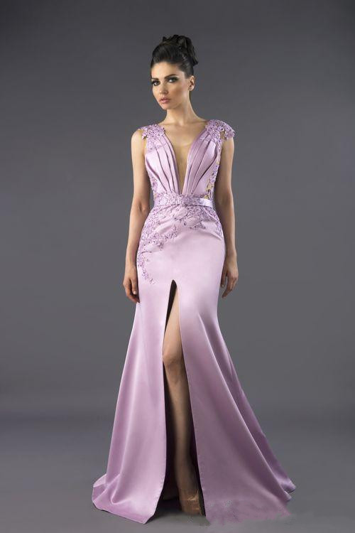 Sexy Satin Mermaid Evening Dresses Front Split Tony Chaaya 2018 Deep V Neck Lace Applique Beaded Prom Gowns Backless Celebrity Party Dress