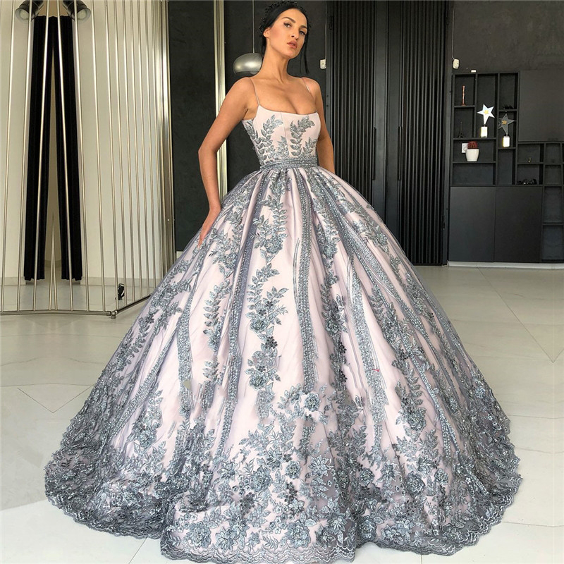 fashion ball gown prom dresses sexy spaghetti neck lace appliqued beads party gowns sweep train plus size formal evening dress