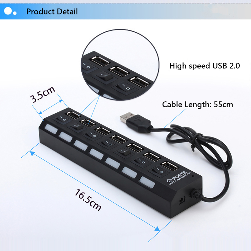 Computer USB 2.0 HUB 7 Port Switch Indicator High Speed Splitter Hub with USB Cable for Desktop Notebook USB Mouse Scanner