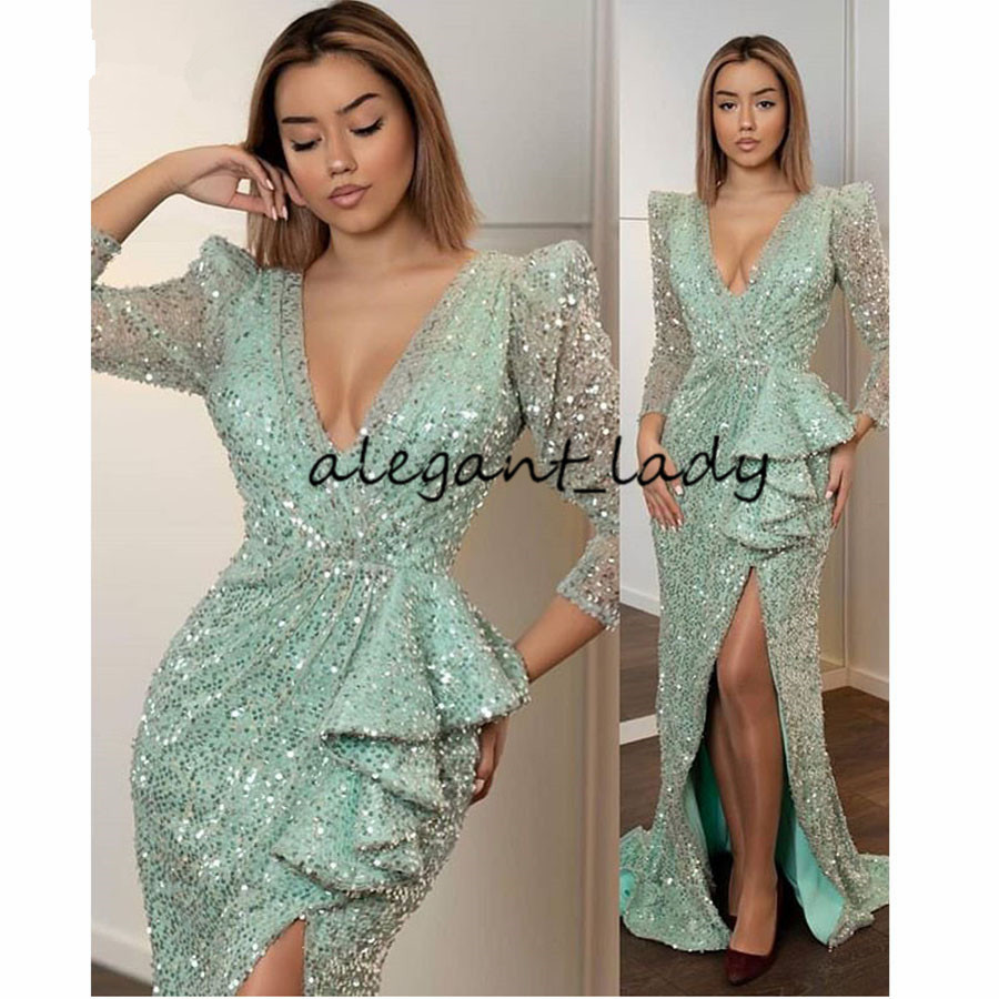 Sparkly Sequins Long Sleeve Prom Formal Dresses 2020 Ruffles High Slit Peplum V-neck Abendkleider Occasion Evening Wear Gowns