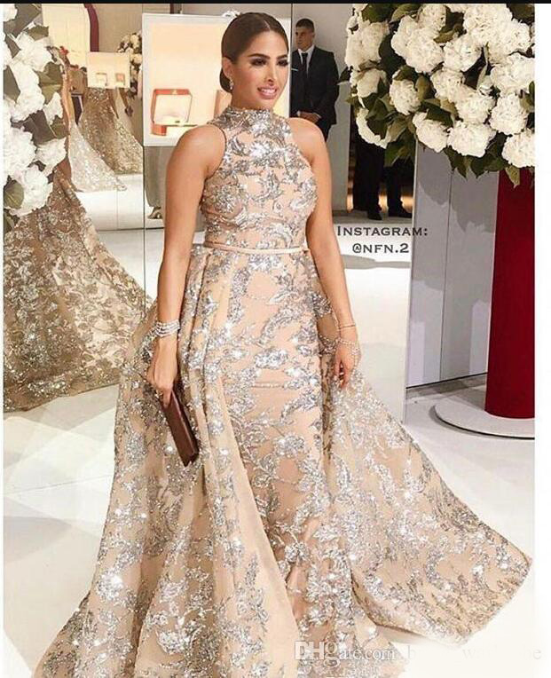 2020 New High Neck Prom Dresses Sleeveless mermaid Gold sequin Appliqued with Detachable Train Pageant Gown Formal Evening Dress Plus Size