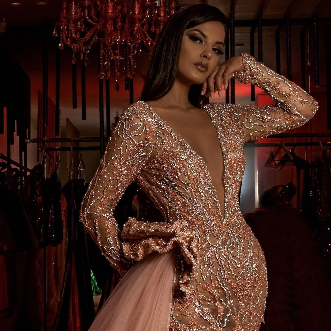 Saudi Arabia Mermaid Evening Dresses Long Sleeves Illusion Beading High Slit Prom Gowns with Overskirt Sexy robes de soirée