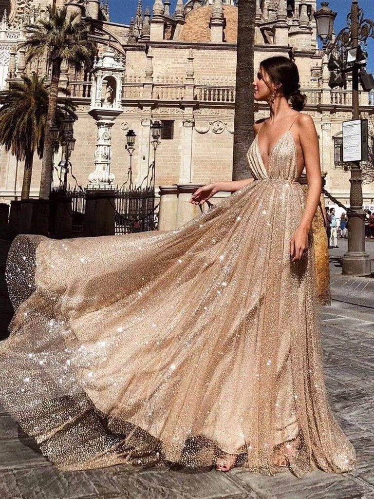 New Designer Bling Gold Sequins Prom Dresses 2019 Spaghetti Backless Sweep Train Evening Gowns Pageant Dress Formal Wear