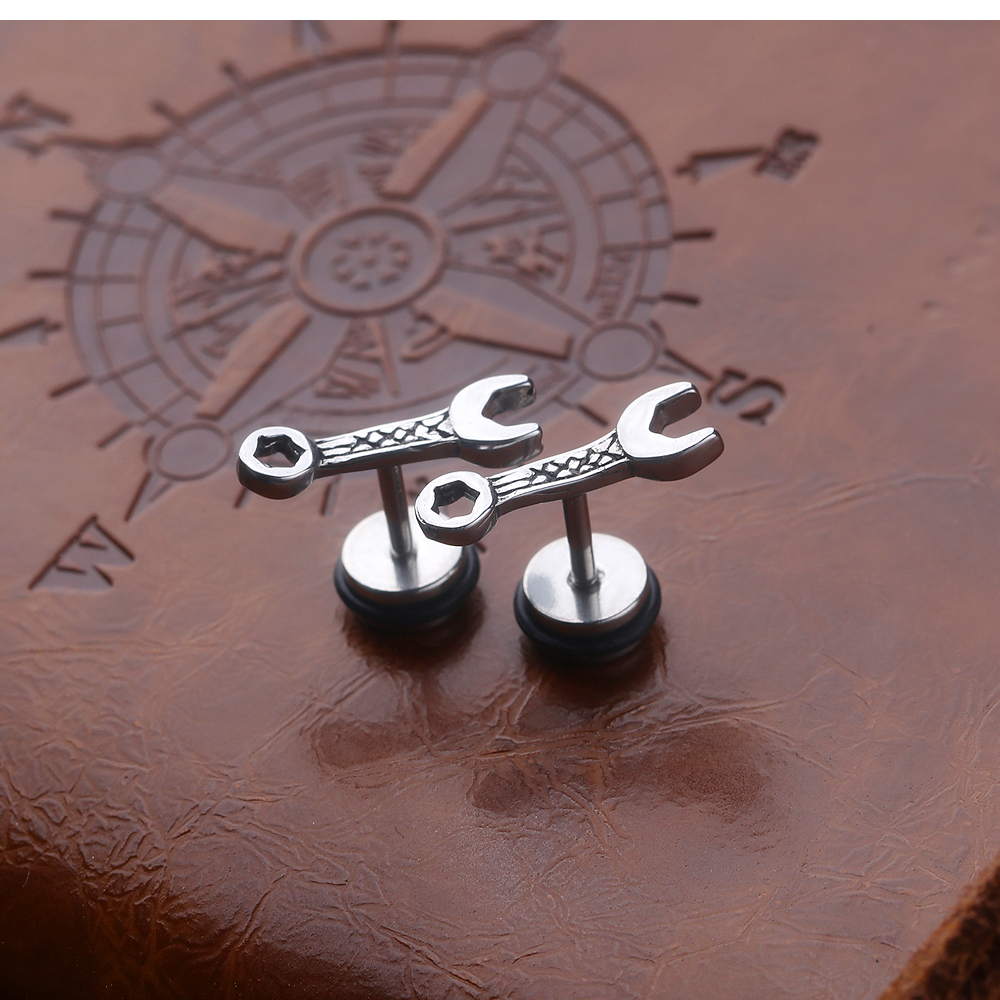 Casting Wrench Stud Earrings Jewelry Cool Men Screw Back 316L Stainless Steel Ear Bone Nail Earrings