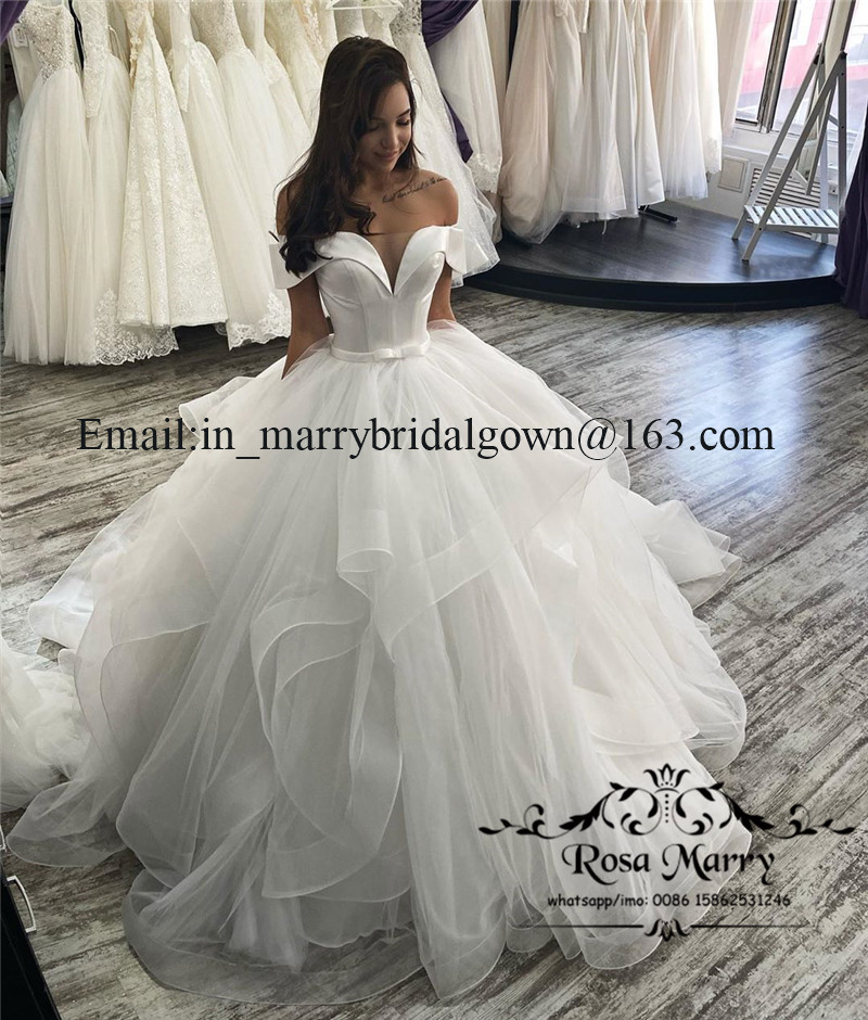 Princess Cascading Ruffles Ball Gown Wedding Dresses 2020 Off Shoulder Plus Size Vestido De Novia Puffy Tulle Skirt Bridal Gowns