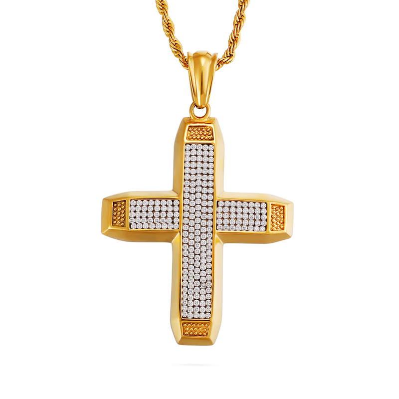 Men's Hip Hop Cross Pendants Necklace 316L Stainless Steel Full Cubic Zirconia Setting 18K Gold Plated Jewelry