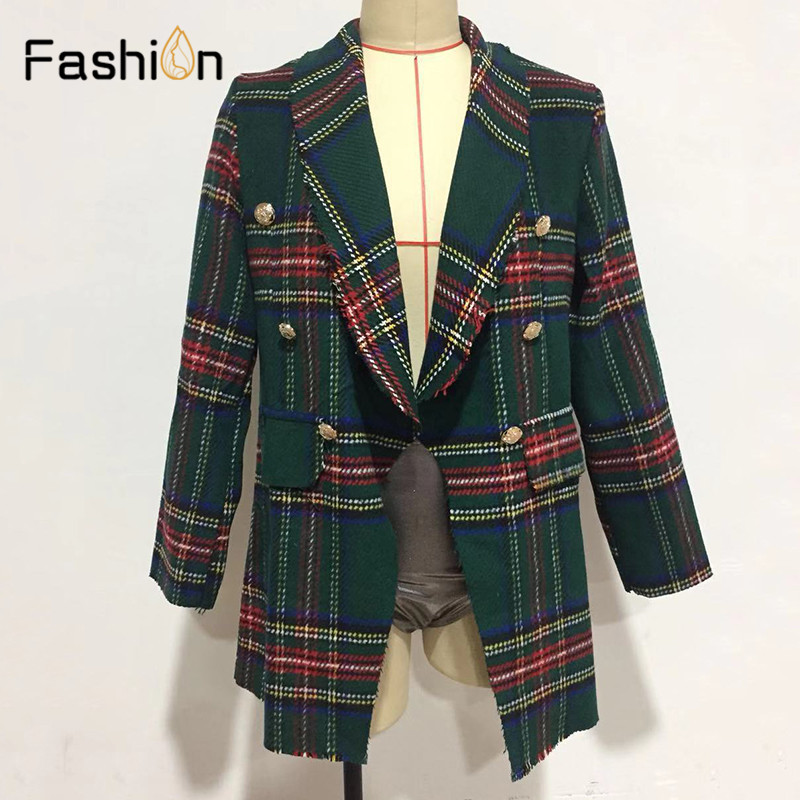 Wholesale-Vintage Double Breasted Coats Frayed Checked Tweed Blazers Coat Women Pockets Blazer Plaid Ladies Outerwear Casual Casaco Femme