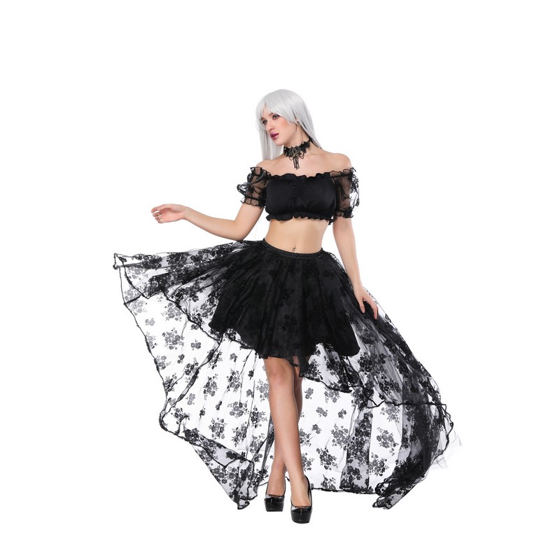Women 2pcs Dancing Outfit Lolita Rose Floral Lace Mesh Short Sleeves Crop Top with Flocked Asymmetrical Ruffler Floor Hi-lo Skirt Pardy Dres